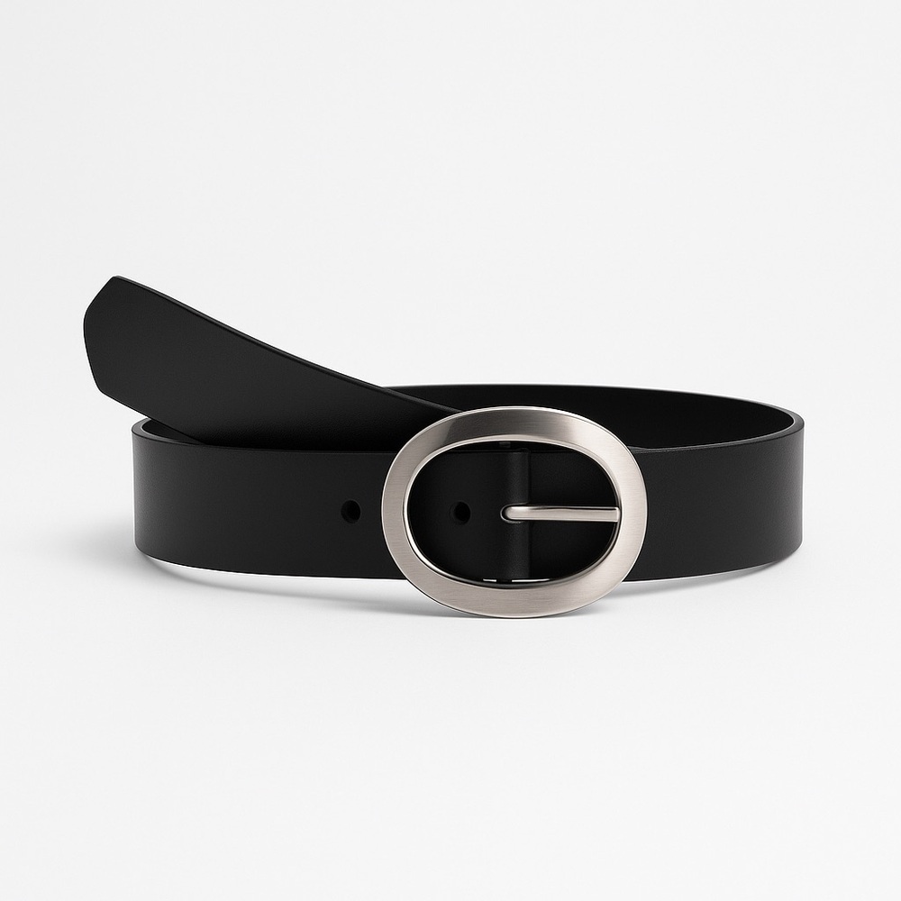 MIL-IDEE Leather Belt Black Silver Oval Buckle Canada